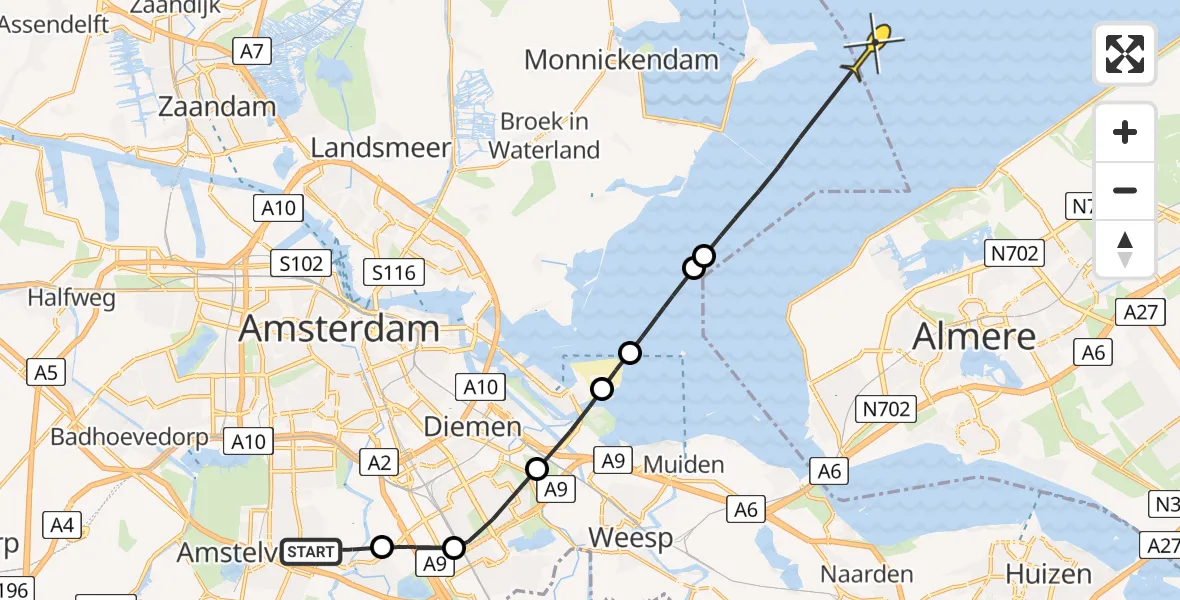 Routekaart van de vlucht: Politieheli naar Almere, Amsteldijk Noord