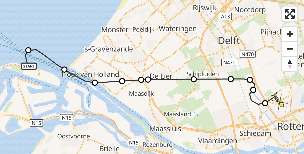 Routekaart van de vlucht: Kustwachthelikopter naar Rotterdam The Hague Airport, Malpensabaan