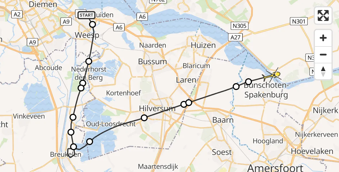 Routekaart van de vlucht: Politieheli naar Bunschoten-Spakenburg, Loevesteinkade