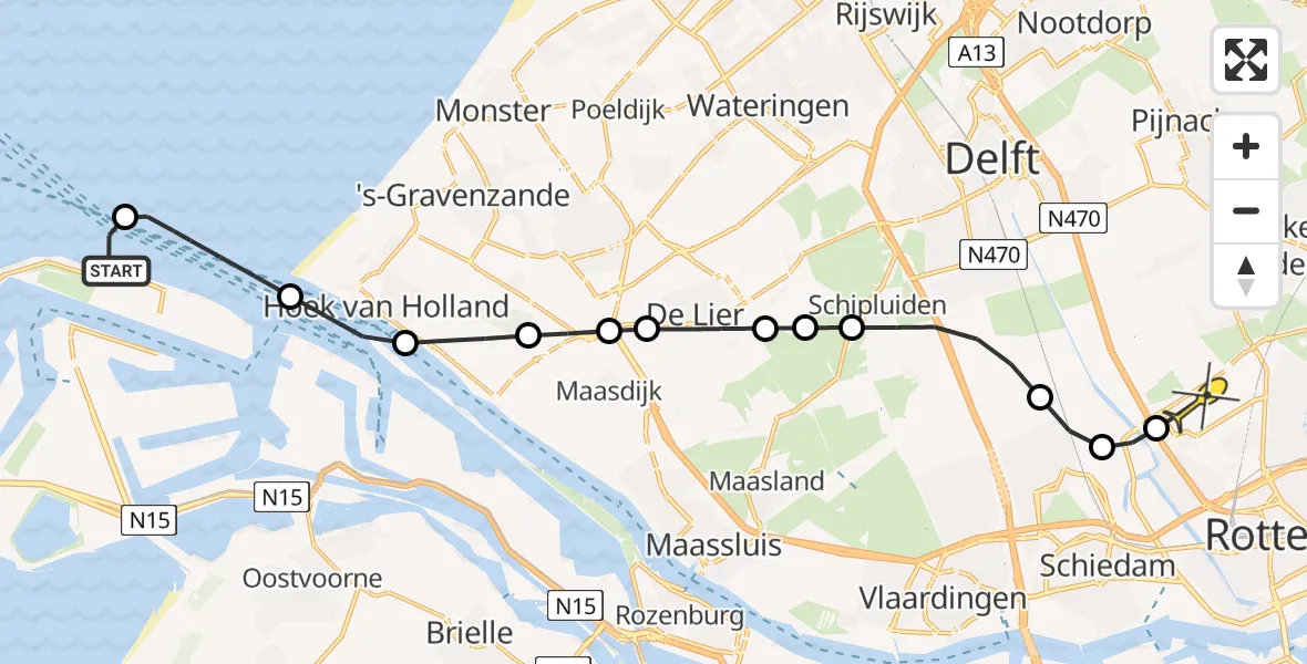 Routekaart van de vlucht: Kustwachthelikopter naar Rotterdam The Hague Airport, Otterdijk