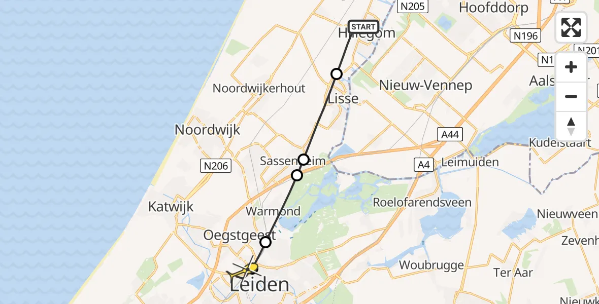 Routekaart van de vlucht: Lifeliner 1 naar Leiden, Veenenburgsloot