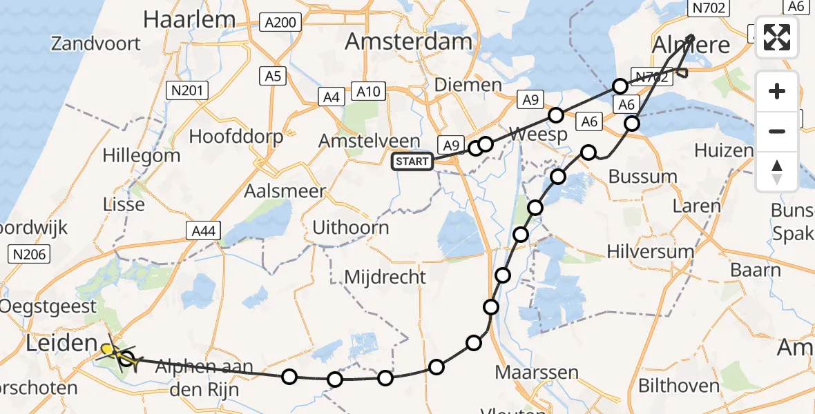 Routekaart van de vlucht: Politieheli naar Leiderdorp, Molenwetering