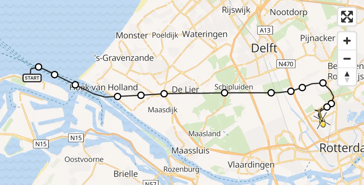 Routekaart van de vlucht: Kustwachthelikopter naar Rotterdam The Hague Airport, Prinses Máximaweg