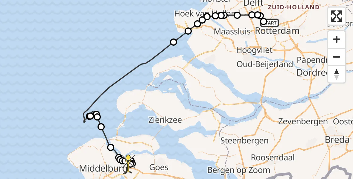 Routekaart van de vlucht: Kustwachthelikopter naar Vliegveld Midden-Zeeland, Parallelstraat-Westzijde