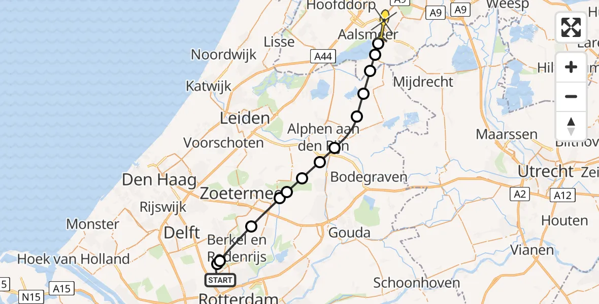 Routekaart van de vlucht: Politieheli naar Aalsmeer, Schieveense polder