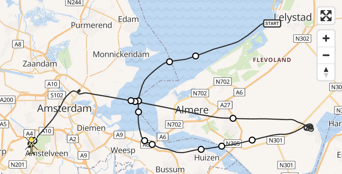 Routekaart van de vlucht: Politieheli naar Schiphol, Oostvaardersdiep