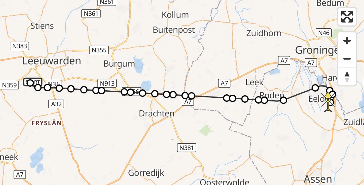 Routekaart van de vlucht: Lifeliner 4 naar Groningen Airport Eelde, Bearsterdyk