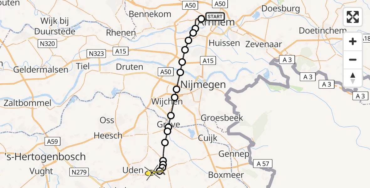 Routekaart van de vlucht: Lifeliner 3 naar Vliegbasis Volkel, Bakenbergseweg