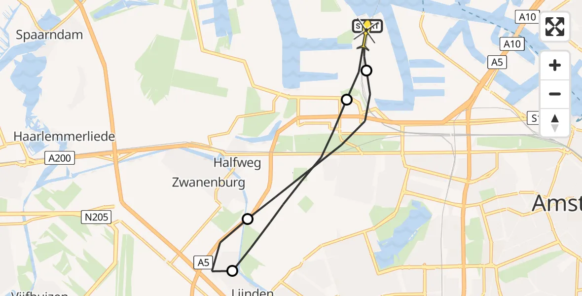 Routekaart van de vlucht: Lifeliner 1 naar Amsterdam Heliport, Nieuw-Zeelandweg