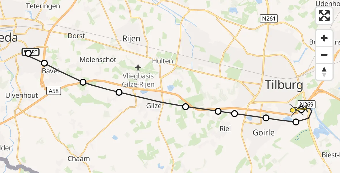 Routekaart van de vlucht: Lifeliner 2 naar Tilburg, Seminarieweg