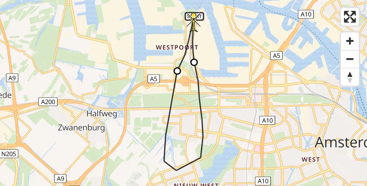 Routekaart van de vlucht: Lifeliner 1 naar Amsterdam Heliport, Nieuw-Zeelandweg