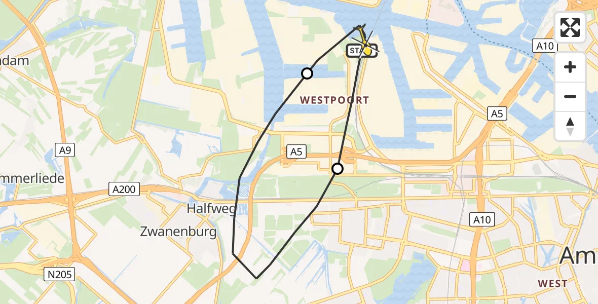 Routekaart van de vlucht: Lifeliner 1 naar Amsterdam Heliport, Nieuw-Zeelandweg