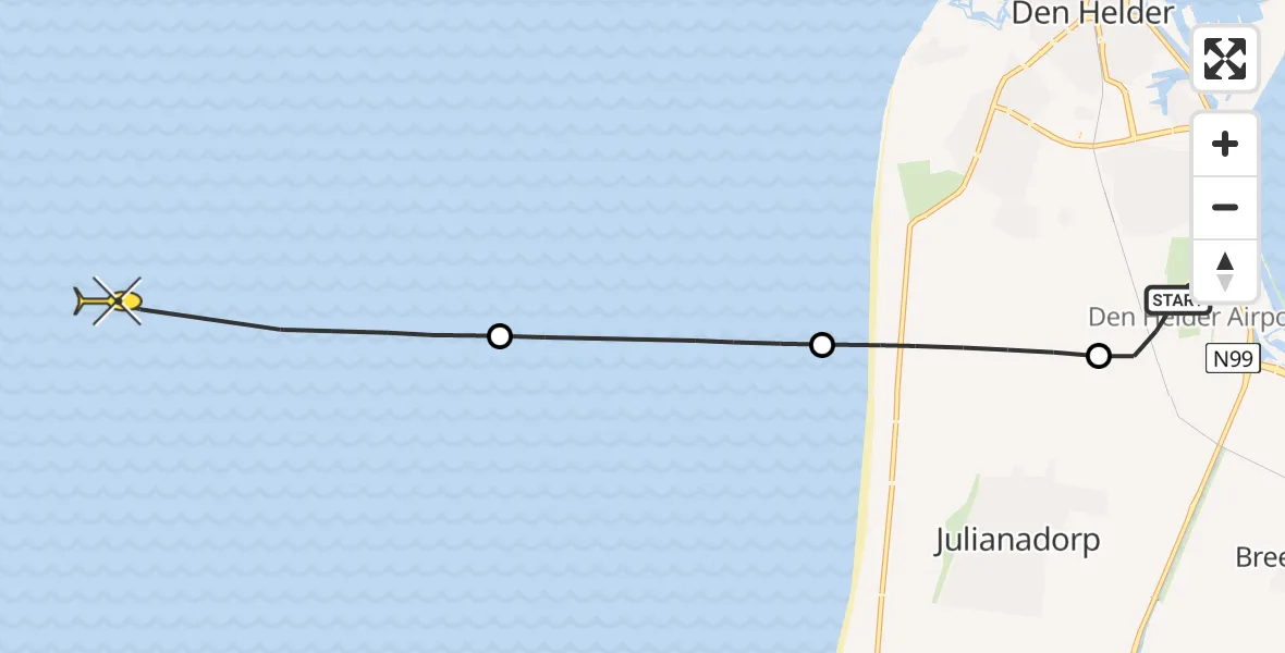 Routekaart van de vlucht: Kustwachthelikopter naar Middenvliet