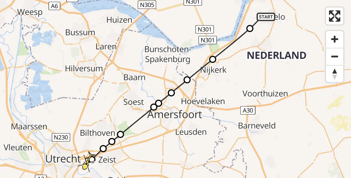 Routekaart van de vlucht: Lifeliner 1 naar Universitair Medisch Centrum Utrecht, Oude Nijkerkerweg