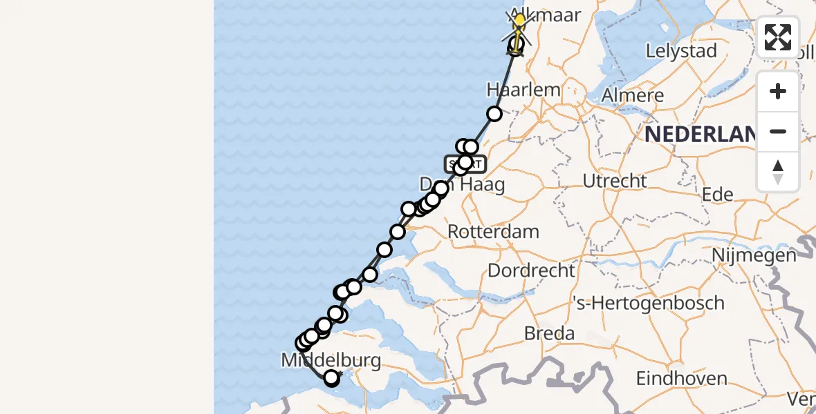 Routekaart van de vlucht: Politieheli naar Castricum, Noorderstrand