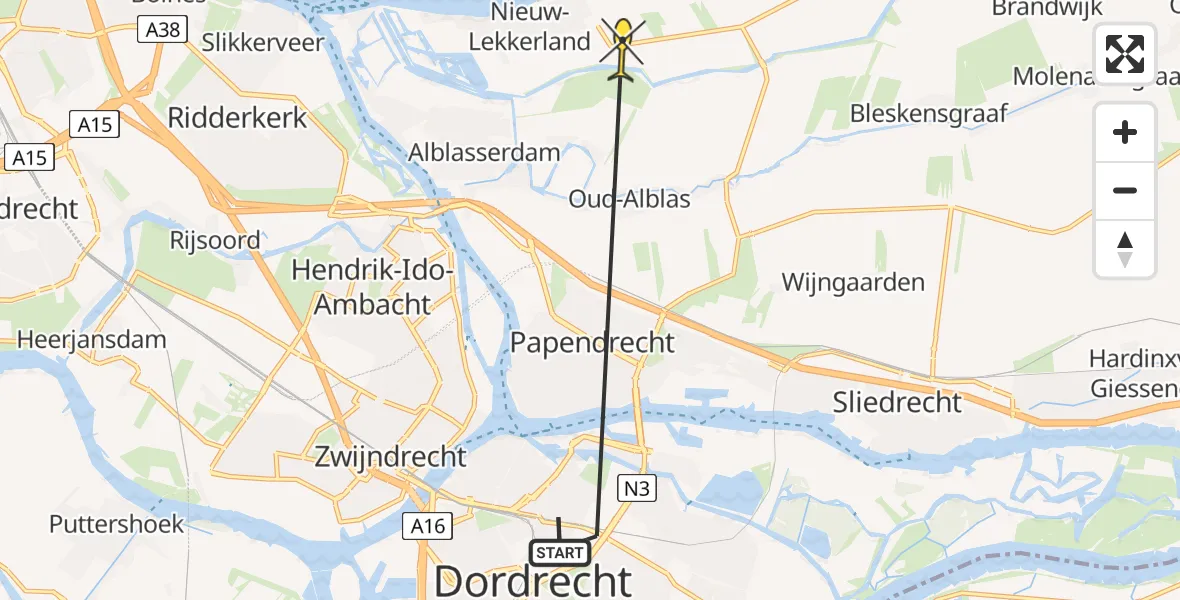Routekaart van de vlucht: Politiehelikopter naar Nieuw-Lekkerland, Heysterbachstraat