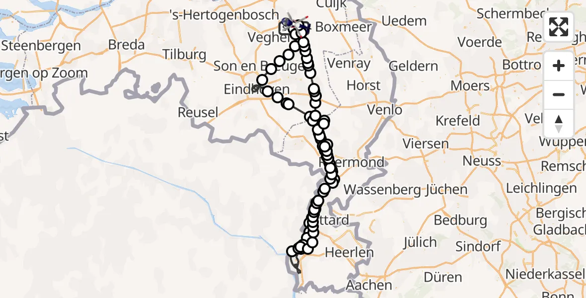 Vluchtroute Politiehelikopter van Vliegbasis Volkel naar Vliegbasis Volkel