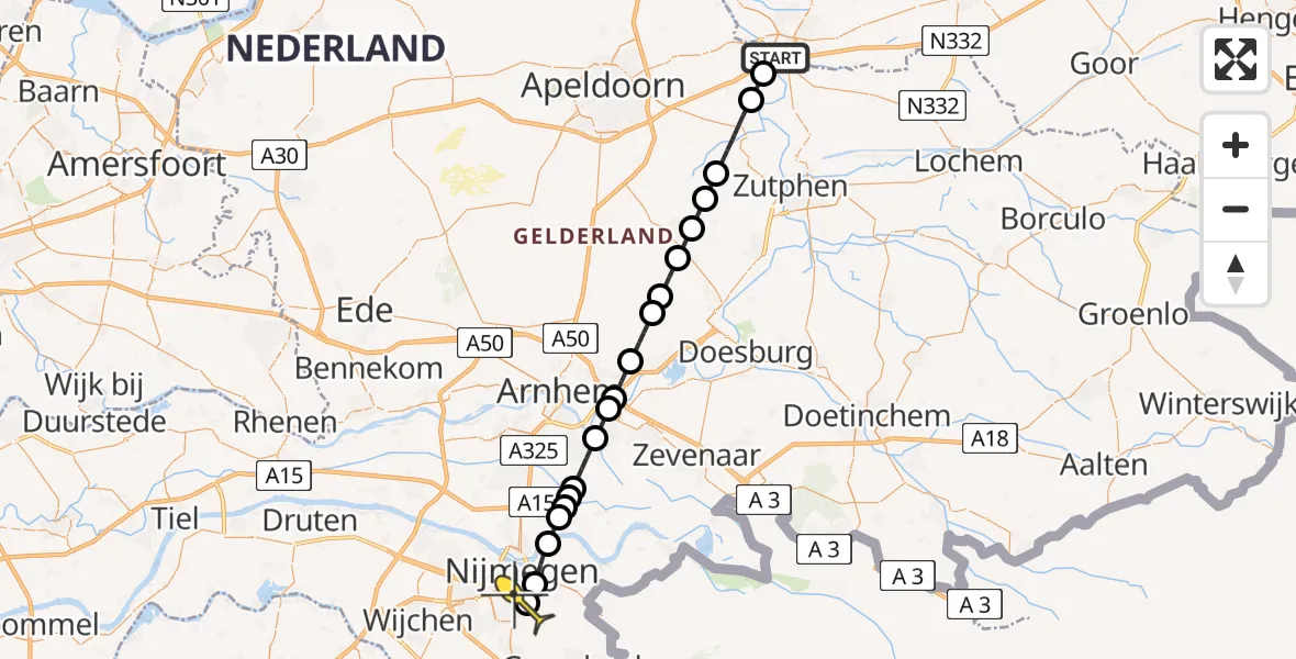 Routekaart van de vlucht: Lifeliner 3 naar Radboud Universitair Medisch Centrum, IJsselbrug