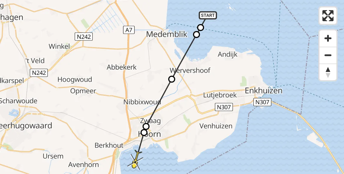 Routekaart van de vlucht: Politiehelikopter naar Hoorn