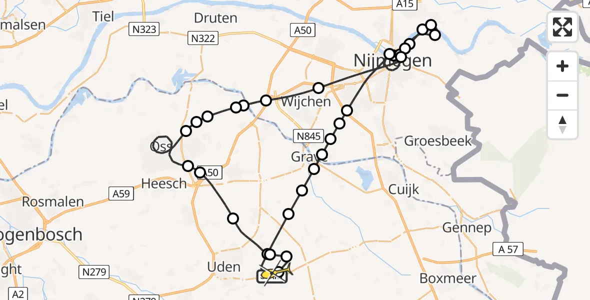 Routekaart van de vlucht: Politieheli naar Vliegbasis Volkel, Jagersveld