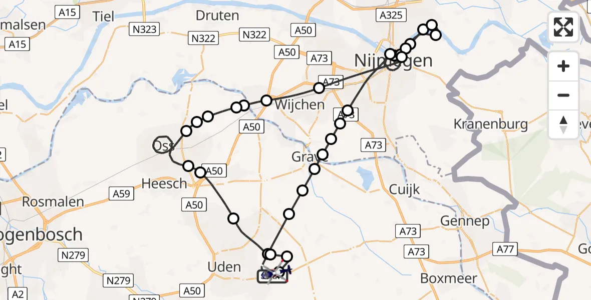Vluchtroute Politiehelikopter van Vliegbasis Volkel naar Vliegbasis Volkel