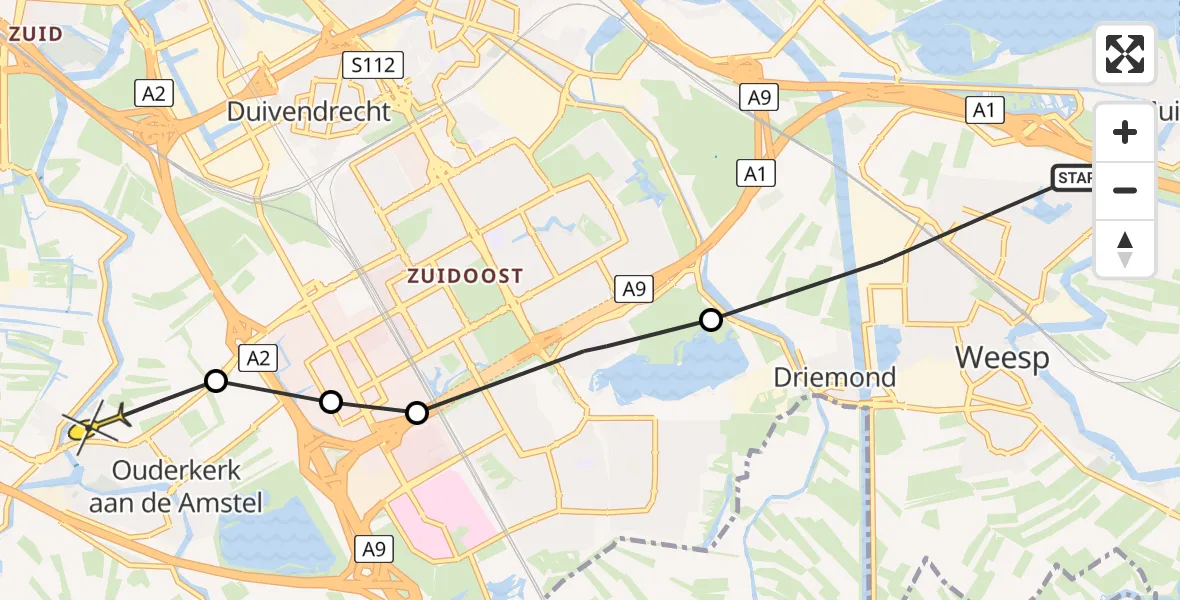 Routekaart van de vlucht: Politieheli naar Ouderkerk aan de Amstel, Fort Vurenstraat