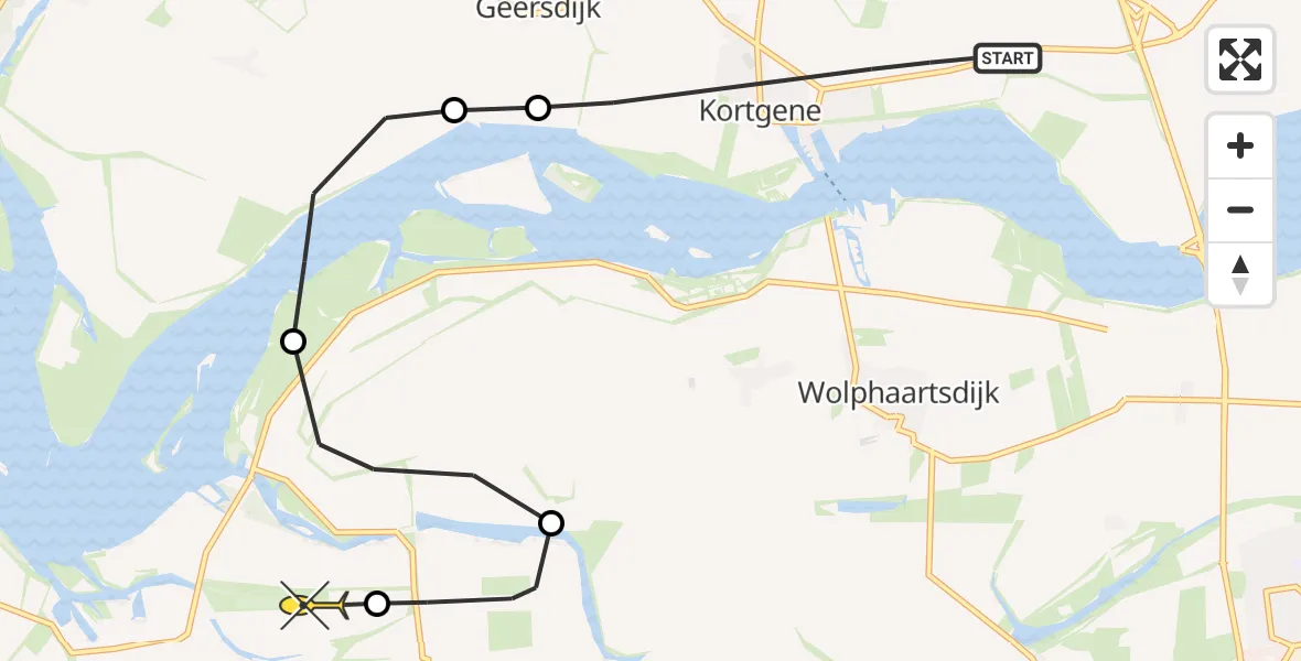 Routekaart van de vlucht: Politiehelikopter naar Vliegveld Midden-Zeeland, Oudedijk