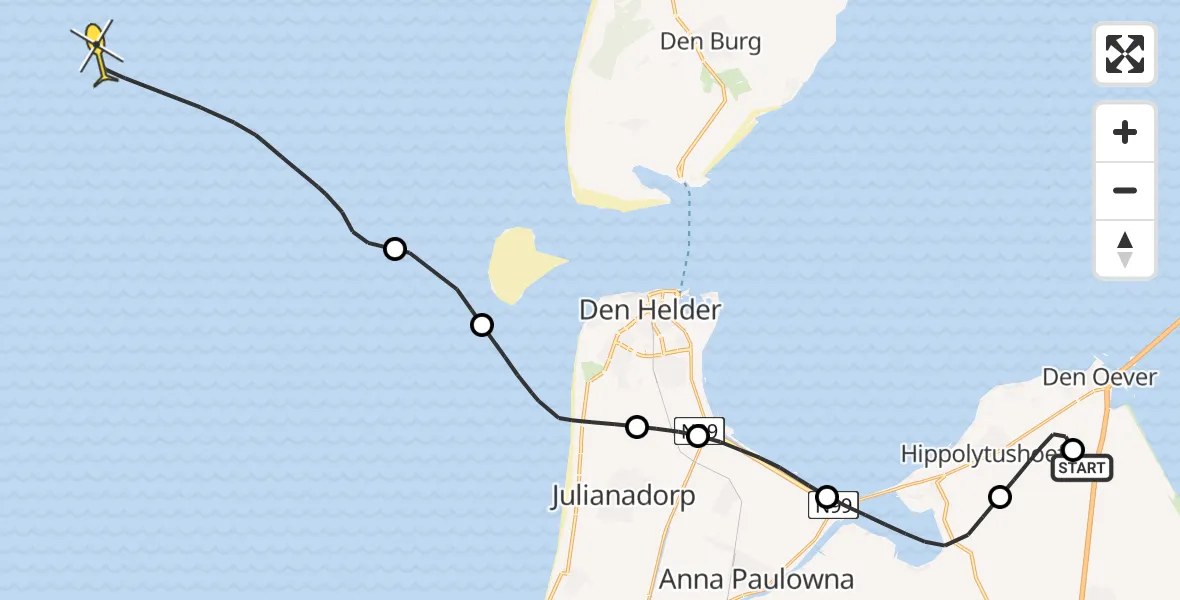 Routekaart van de vlucht: Kustwachthelikopter naar Polderweg