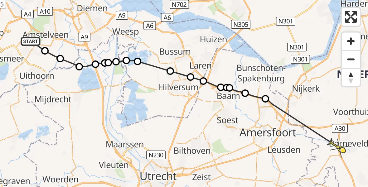 Routekaart van de vlucht: Politieheli naar Barneveld, De Weteringsbrugmolen