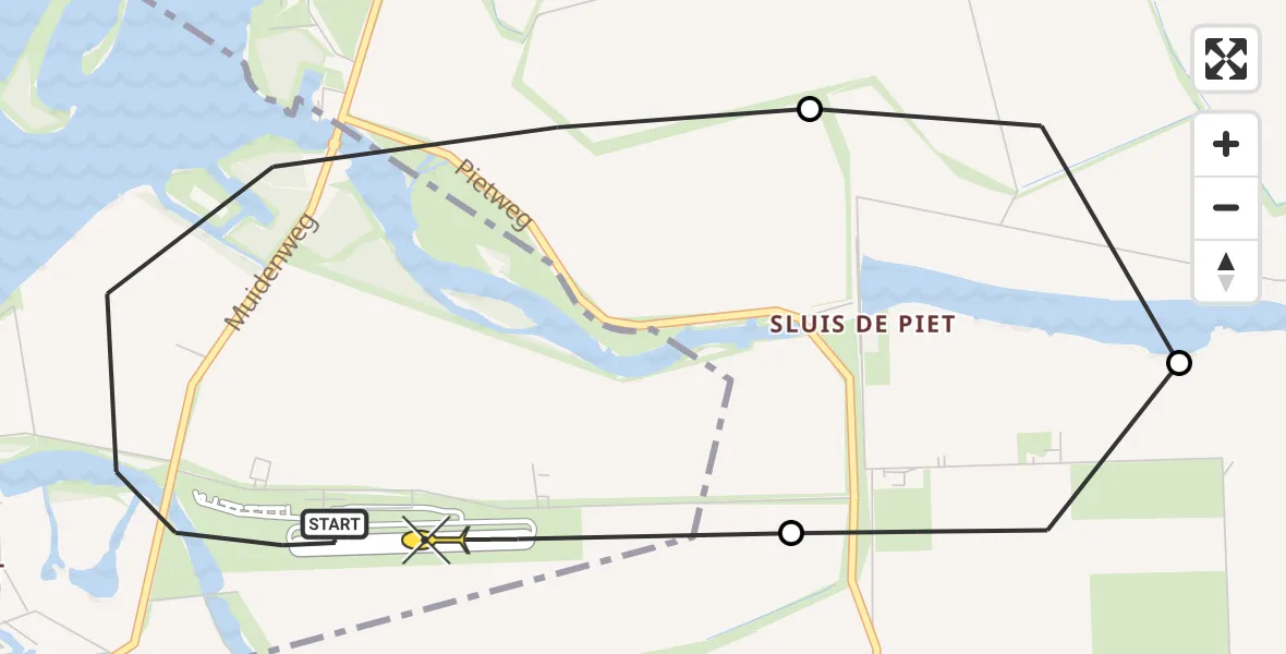 Routekaart van de vlucht: Politiehelikopter naar Vliegveld Midden-Zeeland, Muidenweg