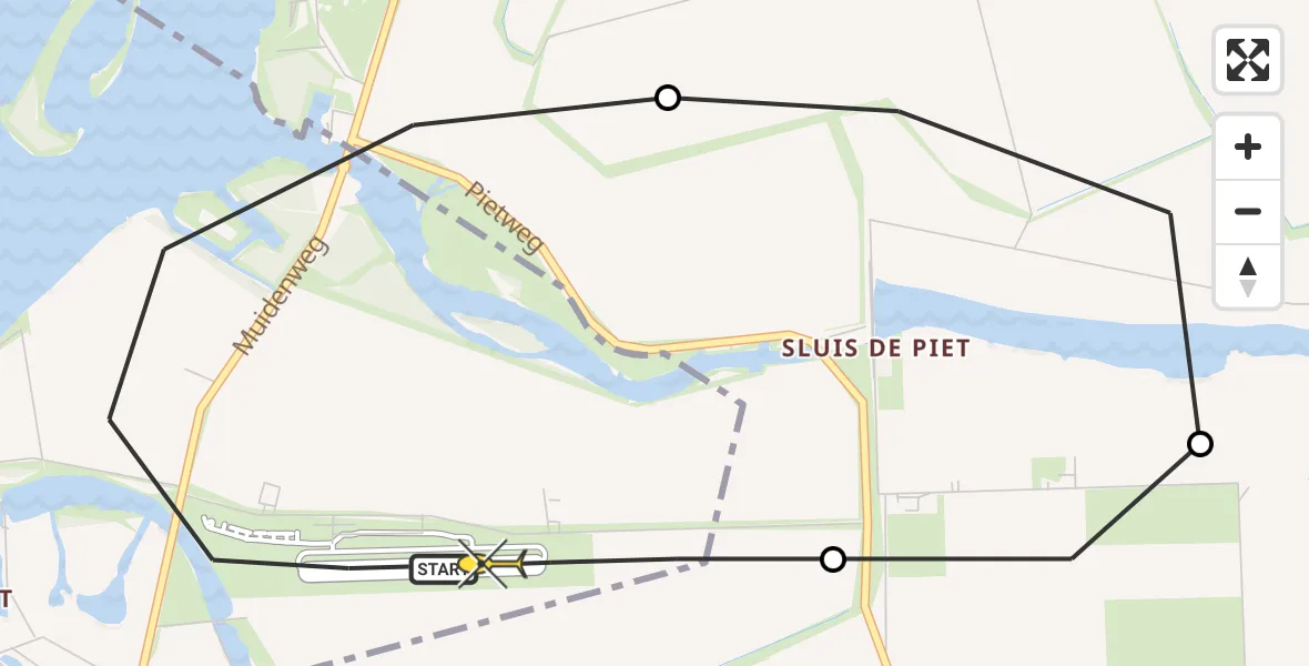 Routekaart van de vlucht: Politiehelikopter naar Vliegveld Midden-Zeeland, Oranjeplaatweg