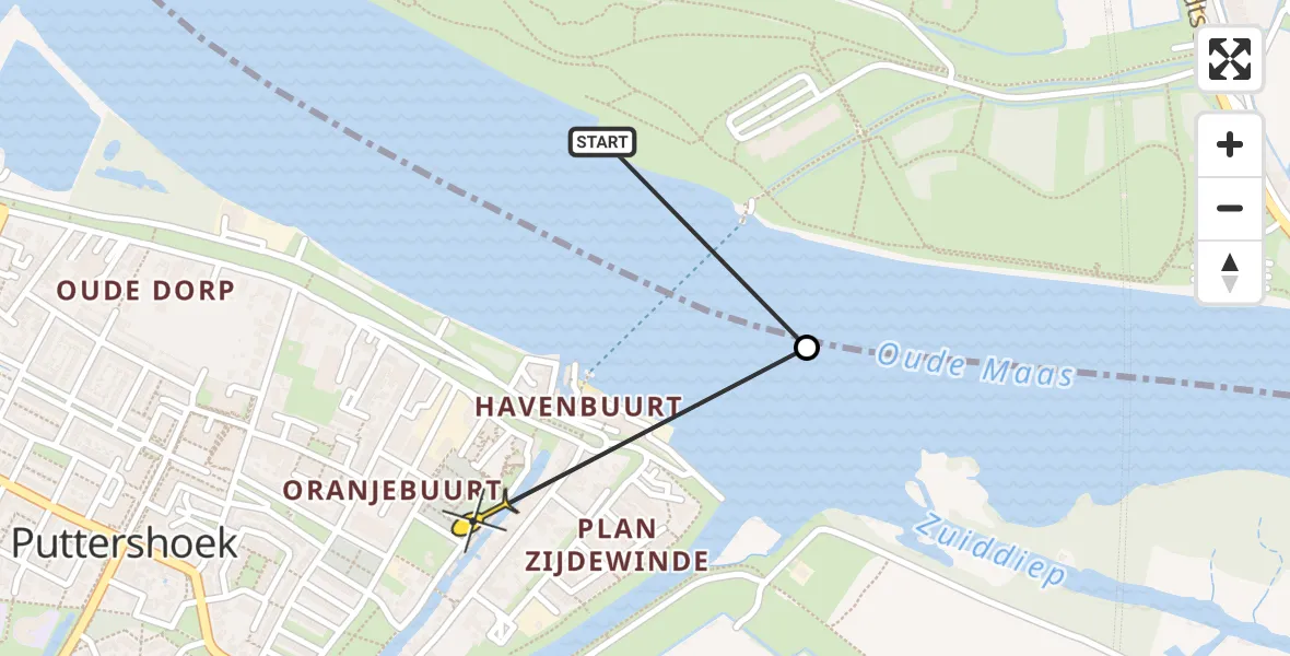 Routekaart van de vlucht: Politiehelikopter naar Puttershoek, Boezemkade