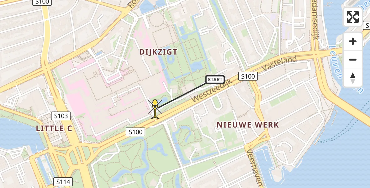 Routekaart van de vlucht: Lifeliner 2 naar Erasmus MC, Westzeedijk