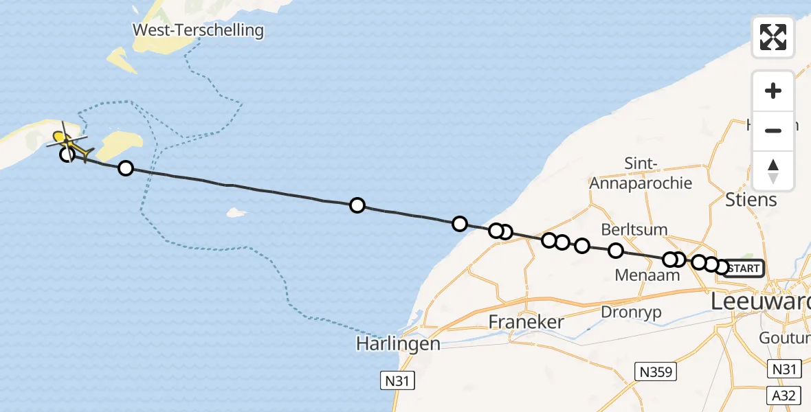 Routekaart van de vlucht: Ambulanceheli naar Vlieland Heliport, Keegsdijkje