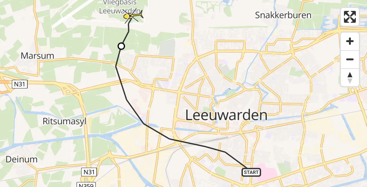 Vluchtroute Ambulancehelikopter van Leeuwarden naar Vliegbasis Leeuwarden