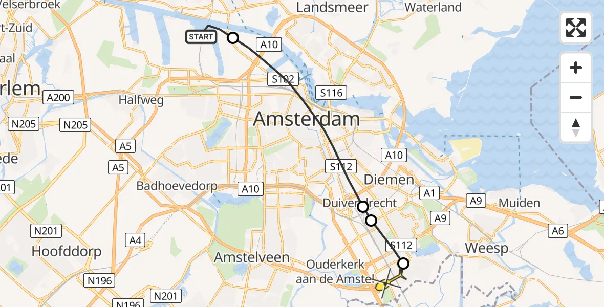 Routekaart van de vlucht: Lifeliner 1 naar Academisch Medisch Centrum (AMC), Hemweg