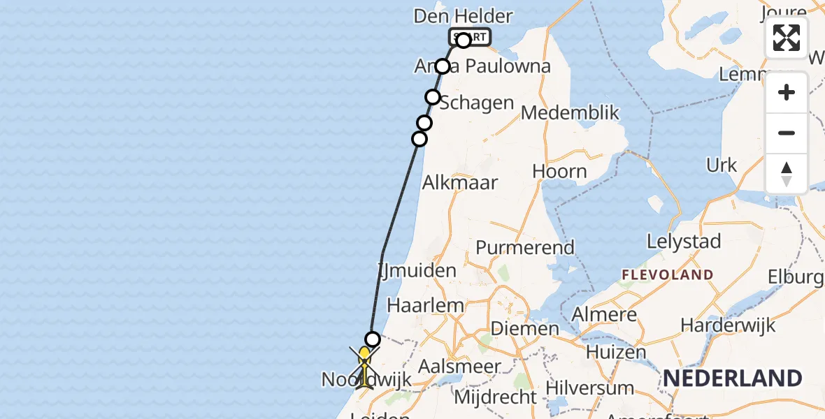 Routekaart van de vlucht: Kustwachthelikopter naar Noordwijk, Middenvliet