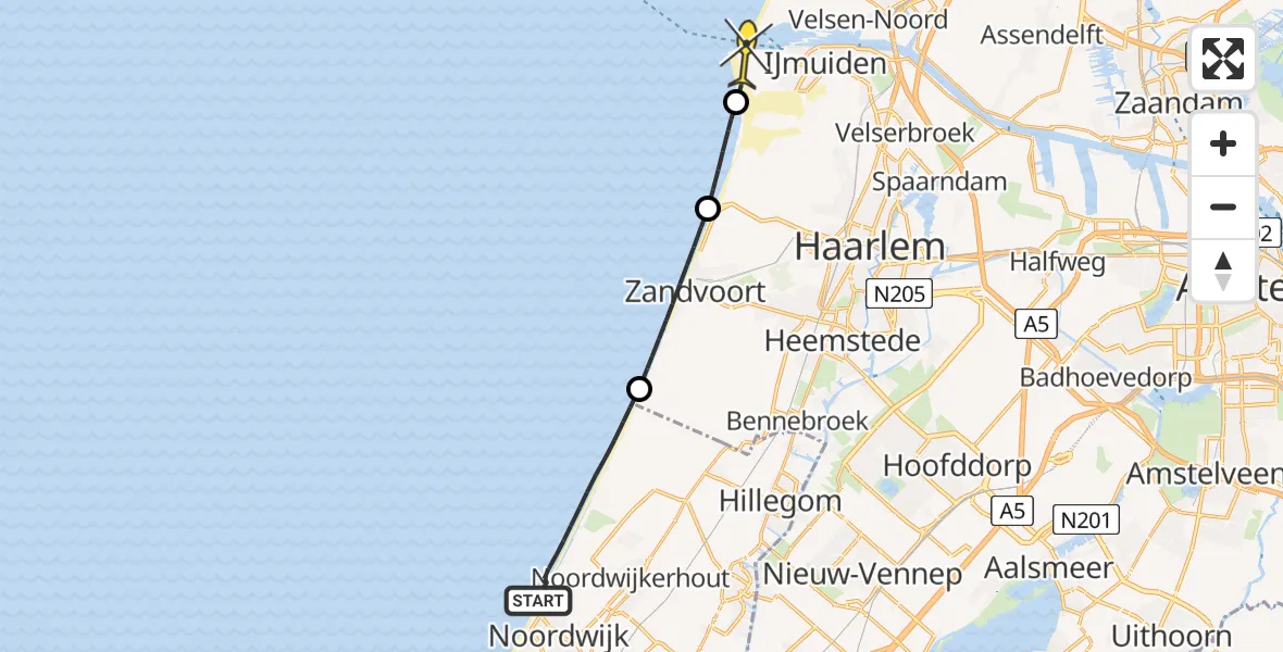 Routekaart van de vlucht: Kustwachthelikopter naar IJmuiden, Naaktstrand Noordwijk