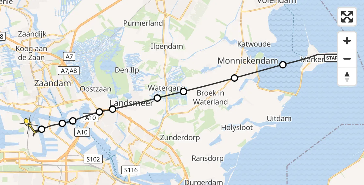 Routekaart van de vlucht: Lifeliner 1 naar Amsterdam Heliport, Zuiderzeeweg