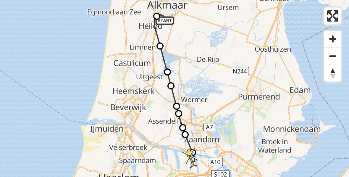 Routekaart van de vlucht: Lifeliner 1 naar Amsterdam Heliport, Koningin Sophiastraat