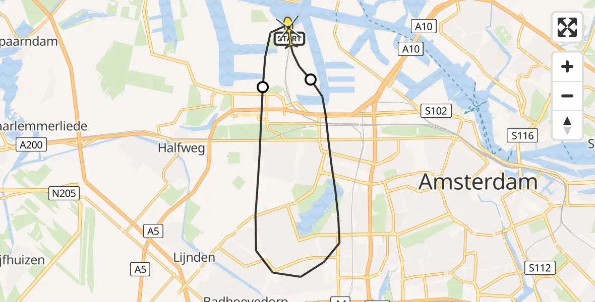 Routekaart van de vlucht: Lifeliner 1 naar Amsterdam Heliport, Amerikahavenweg