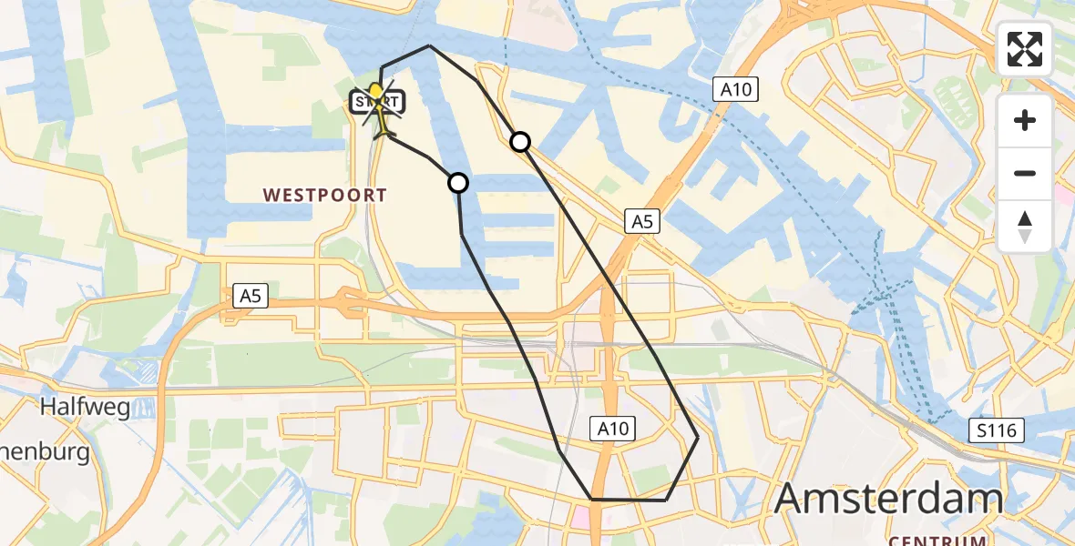 Routekaart van de vlucht: Lifeliner 1 naar Amsterdam Heliport, Grote Tocht