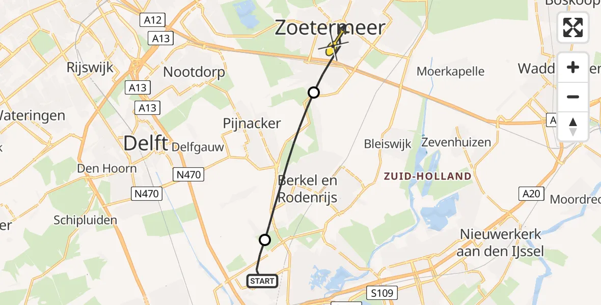 Routekaart van de vlucht: Lifeliner 2 naar Zoetermeer, Delftsewallenwetering