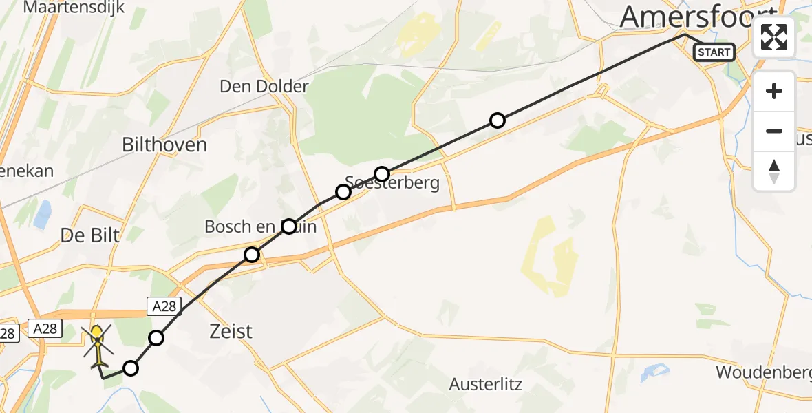 Routekaart van de vlucht: Lifeliner 1 naar Universitair Medisch Centrum Utrecht, Paulus Buyslaan