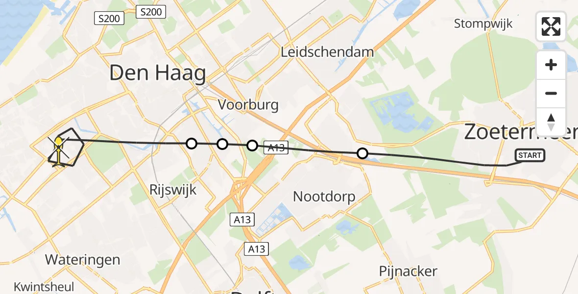 Routekaart van de vlucht: Lifeliner 2 naar Den Haag, Schuitwater