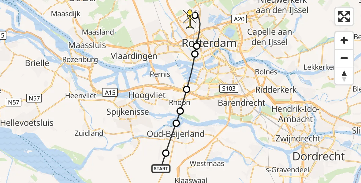 Routekaart van de vlucht: Lifeliner 2 naar Rotterdam The Hague Airport, 1e Kruisweg