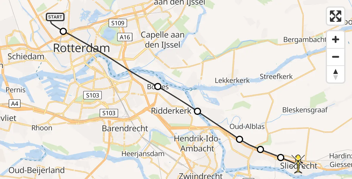 Routekaart van de vlucht: Lifeliner 2 naar Sliedrecht, Van der Duijn van Maasdamweg