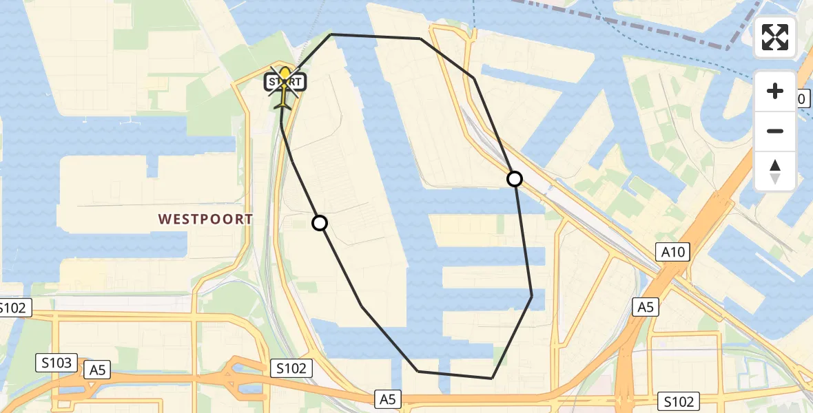 Routekaart van de vlucht: Lifeliner 1 naar Amsterdam Heliport, Westhavenweg