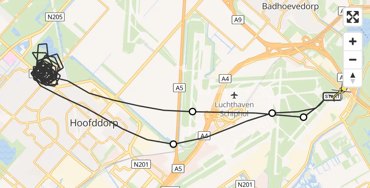 Routekaart van de vlucht: Politieheli naar Schiphol, Amsterdam-Bataviaweg