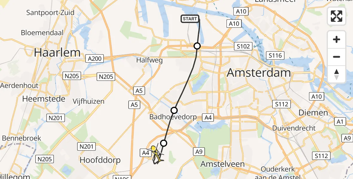 Routekaart van de vlucht: Lifeliner 1 naar Luchthaven Schiphol, Westhavenweg